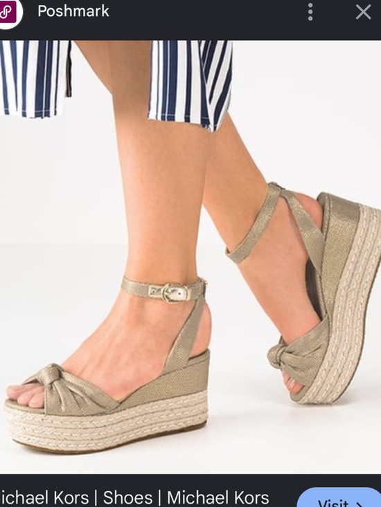 Michael Kors Shoes - Michael Kors canvas and gold platform wedge sandal womens 8